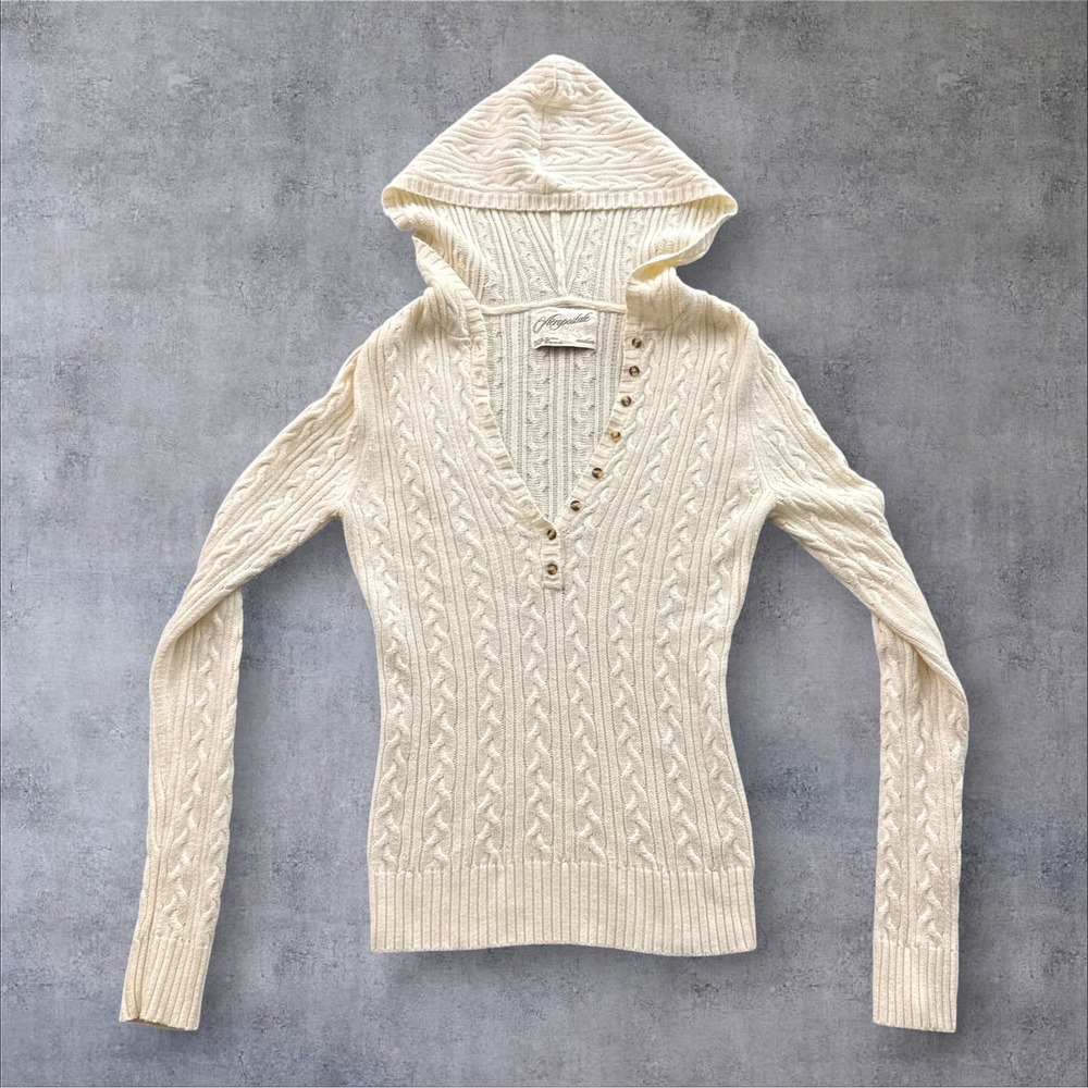 Aeropostale Cable Knit Sweater Hoodie Womens Med Cream Henley V-Neck Hooded Y2K